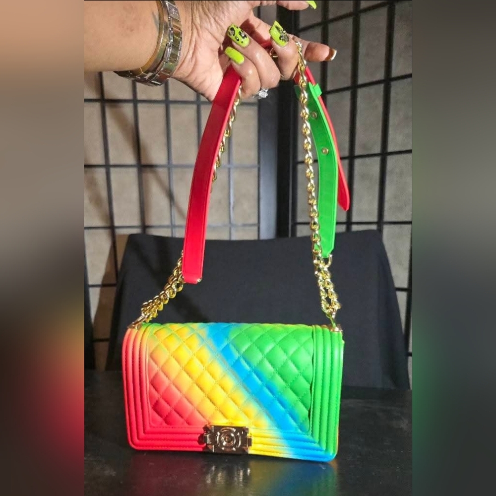 Colorful Quilted Jelly Shoulder/ Crossbody Bag With Gold And Solid Strap